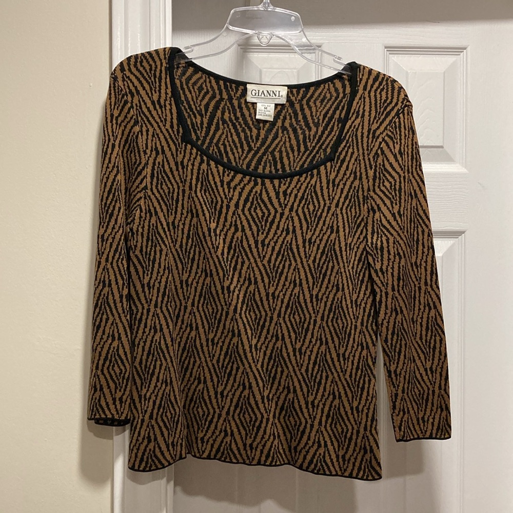 Gianni Black & Copper Herringbone Design Elbow Length Silk Sweater - Sz M